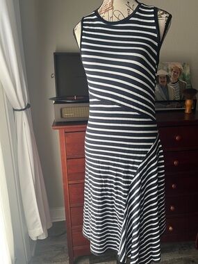 Petite Navy and White Striped Sleeveless Midi Dress